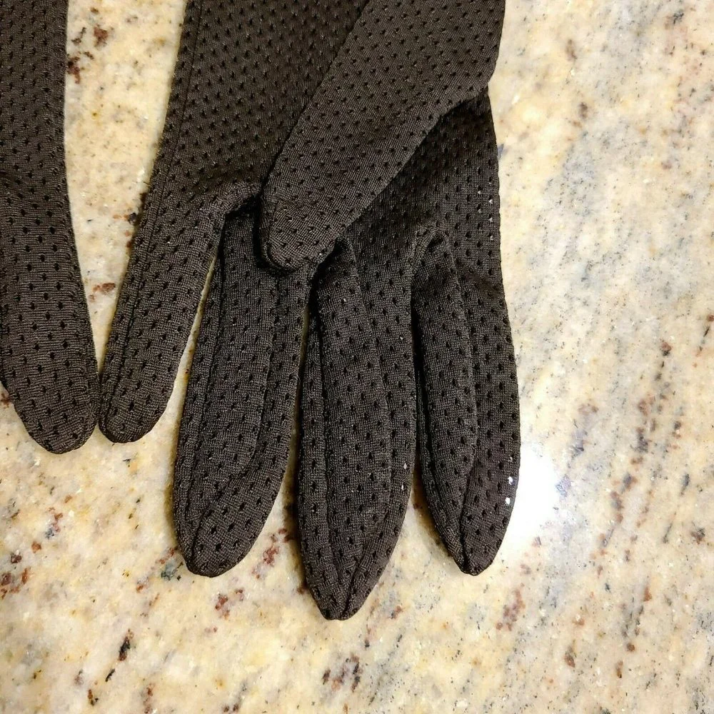 Vintage Kayser Nylon Pierced Driving Opera Formal Costume Brown Gloves. 7.5 USA